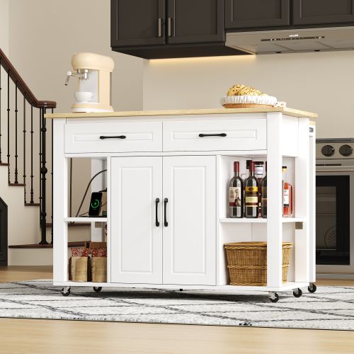 Îlot De Cuisine Mobile Extensible-bar Et Prises Électriques-convient Aux Cuisines-blanc