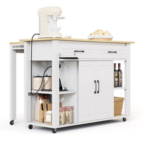 Îlot De Cuisine Mobile Extensible-bar Et Prises Électriques-convient Aux Cuisines-blanc