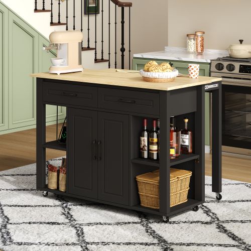 Îlot De Cuisine Mobile Extensible-bar Et Prises Électriques-convient Aux Cuisines-noir