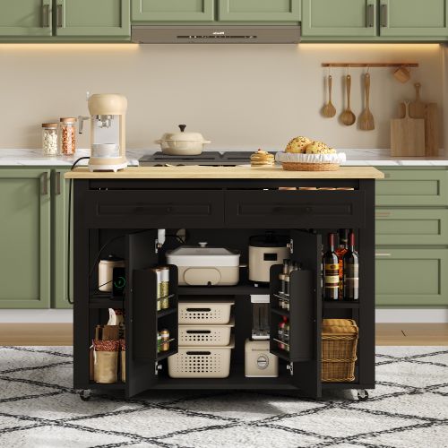 Îlot De Cuisine Mobile Extensible-bar Et Prises Électriques-convient Aux Cuisines-noir