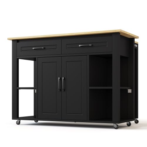 Îlot De Cuisine Mobile Extensible-bar Et Prises Électriques-convient Aux Cuisines-noir