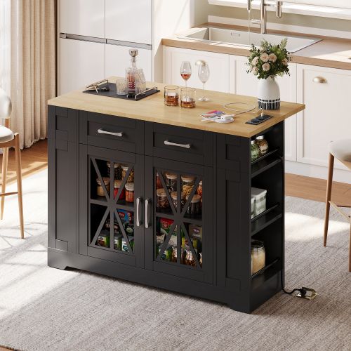 Îlot De Cuisine Mobile-avec Table à Manger Rabattable-prise Secteur, Port USB, Porte Vitrée-noir