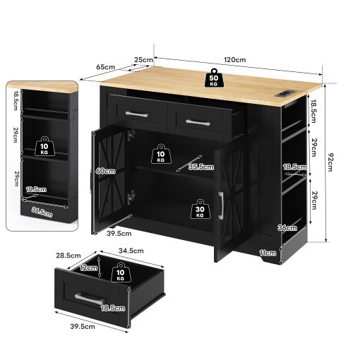 Îlot De Cuisine Mobile-avec Table à Manger Rabattable-prise Secteur, Port USB, Porte Vitrée-noir