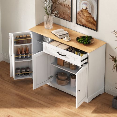 Buffet à 3 Portes Et 1 Tiroir-idéal Pour La Salle à Manger, Le Salon Et Le Couloir-blanc + Naturel