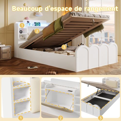 Lit Double 90 X 200 Cm-avec Port USB Type-c-led-lit à Panneaux-hydraulique-blanc