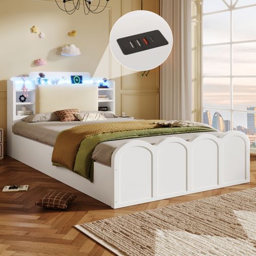 Lit Double 90 X 200 Cm-avec Port USB Type-c-led-lit à Panneaux-hydraulique-blanc