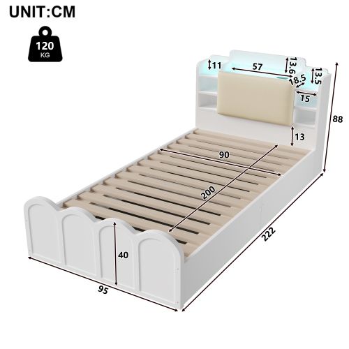 Lit Double 90 X 200 Cm-avec Port USB Type-c-led-lit à Panneaux-hydraulique-blanc