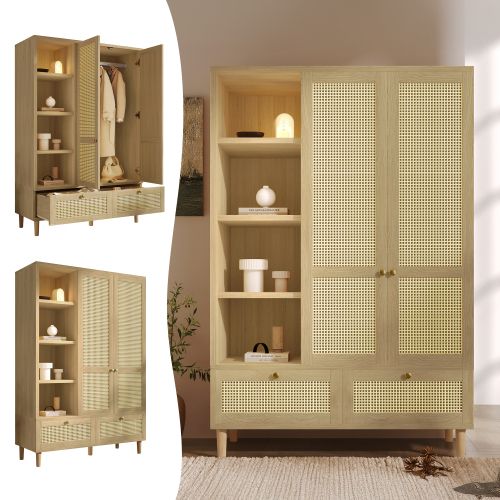 Armoire 180cm à 2 Portes-étagère Ouverte-dispositif Anti-basculement-en Rotin Tressé-naturel