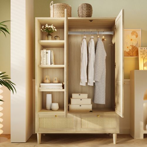 Armoire 180cm à 2 Portes-étagère Ouverte-dispositif Anti-basculement-en Rotin Tressé-naturel