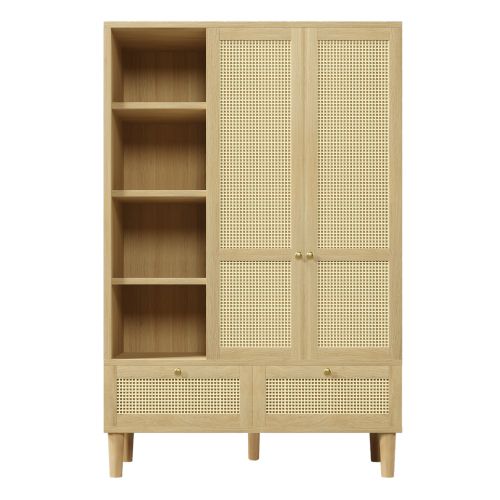 Armoire 180cm à 2 Portes-étagère Ouverte-dispositif Anti-basculement-en Rotin Tressé-naturel