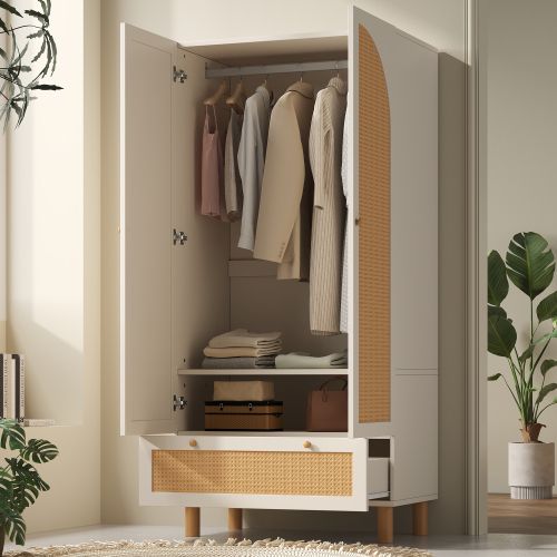 Armoire 180cm à 2 Portes-avec Grand Tiroir-avec Dispositif Anti-basculement-en Rotin-blanc