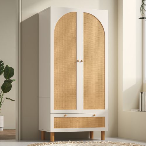 Armoire 180cm à 2 Portes-avec Grand Tiroir-avec Dispositif Anti-basculement-en Rotin-blanc