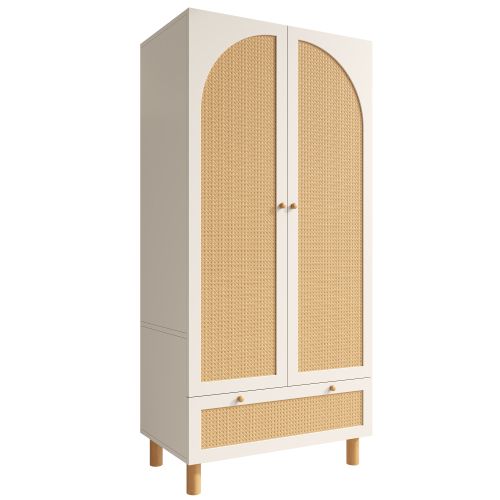Armoire 180cm à 2 Portes-avec Grand Tiroir-avec Dispositif Anti-basculement-en Rotin-blanc