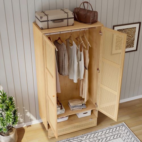 Armoire à 2 Portes-avec Penderie-filet En Rotin-en Rotin Pe-naturel