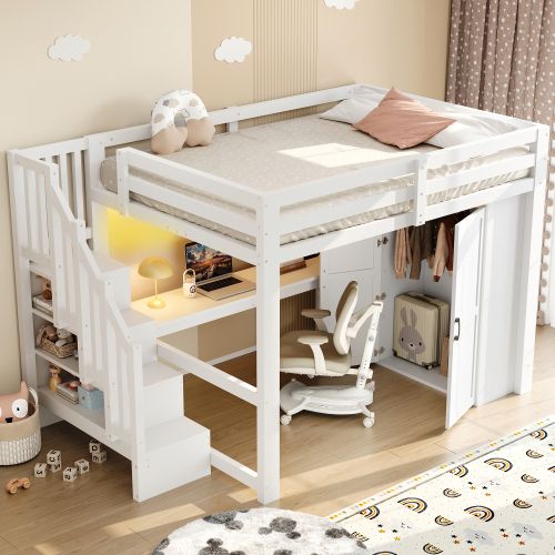 Lit Enfant 140x200cm Avec Bureau Et Armoire-escalier De Rangement-ports USB Et Éclairage LED-blanc