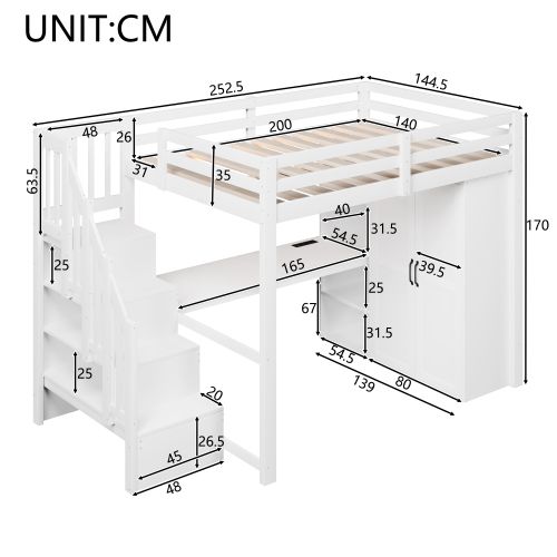 Lit Enfant 140x200cm Avec Bureau Et Armoire-escalier De Rangement-ports USB Et Éclairage LED-blanc