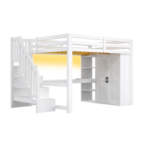 Lit Enfant 140x200cm Avec Bureau Et Armoire-escalier De Rangement-ports USB Et Éclairage LED-blanc
