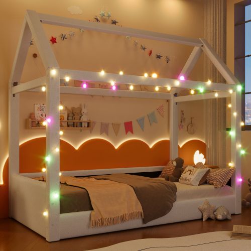 Lit Cabane-lit Enfant 90 X 200 Cm-avec Bandes Lumineuses LED-en Bois-beige