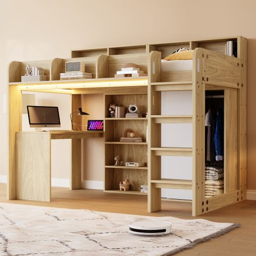 Lit Mezzanine 90×200 Cm-avec Bureau, Armoire-éclairage LED Et Prise Électrique-sommier à Lattes-bois