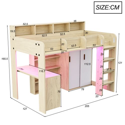 Lit Mezzanine 90×200 Cm-avec Bureau, Armoire-éclairage LED Et Prise Électrique-sommier à Lattes-bois