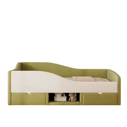 Canapé-lit 90 X 190 Cm-lit Enfant Avec Marches Et Barrières-en Velours Doux-2 Tiroirs-vert Foncé