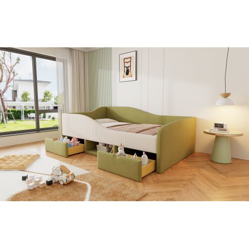 Canapé-lit 90 X 190 Cm-lit Enfant Avec Marches Et Barrières-en Velours Doux-2 Tiroirs-vert Foncé