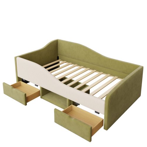 Canapé-lit 90 X 190 Cm-lit Enfant Avec Marches Et Barrières-en Velours Doux-2 Tiroirs-vert Foncé