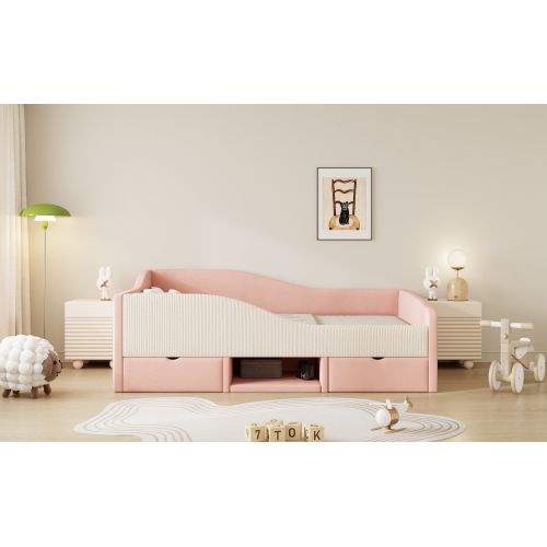 Canapé-lit 90 X 190 Cm-lit Enfant Avec Marches Et Barrières-en Velours Doux-2 Tiroirs-rose