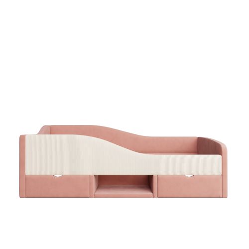 Canapé-lit 90 X 190 Cm-lit Enfant Avec Marches Et Barrières-en Velours Doux-2 Tiroirs-rose