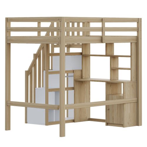 Lit Mezzanine 90x200 Cm-table De Travail Avec Étagères-lit Simple-en Bois Massif-naturel