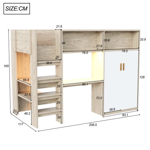 Lit Mezzanine 90 X 200 Cm-avec Bureau, Armoire, Étagères-éclairage LED-sommier à Lattes-bois