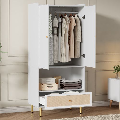 Armoire à 2 Portes-grand Tiroir En Rotin-tringle à Vêtements-meuble De Rangement-blanc
