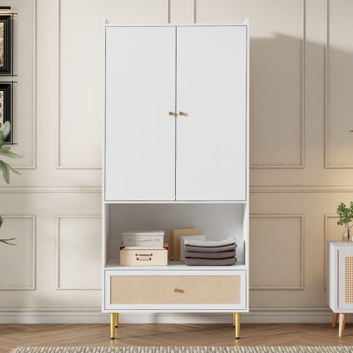 Armoire à 2 Portes-grand Tiroir En Rotin-tringle à Vêtements-meuble De Rangement-blanc