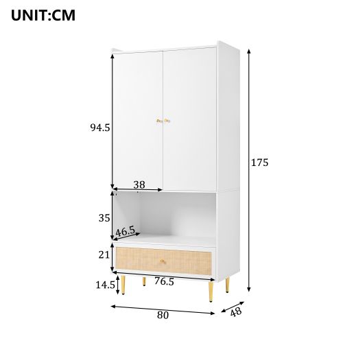 Armoire à 2 Portes-grand Tiroir En Rotin-tringle à Vêtements-meuble De Rangement-blanc