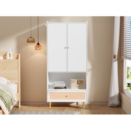Armoire à 2 Portes-grand Tiroir En Rotin-tringle à Vêtements-meuble De Rangement-blanc