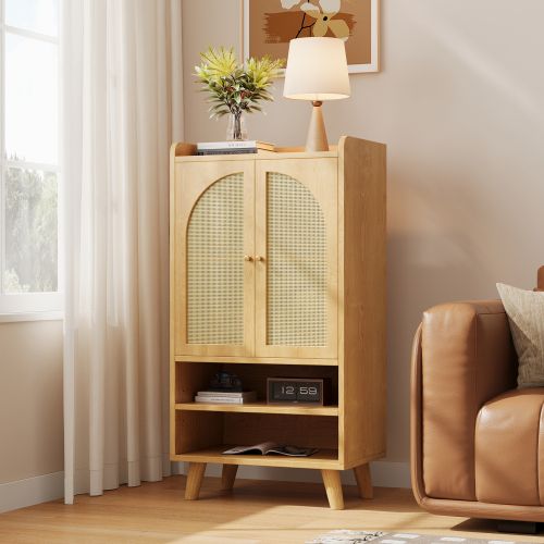 Armoire Avec 2 Portes En Rotin-2 Compartiments Ouverts-meuble De Rangement-en Bois-naturel