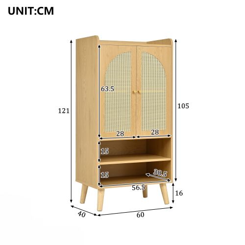 Armoire Avec 2 Portes En Rotin-2 Compartiments Ouverts-meuble De Rangement-en Bois-naturel