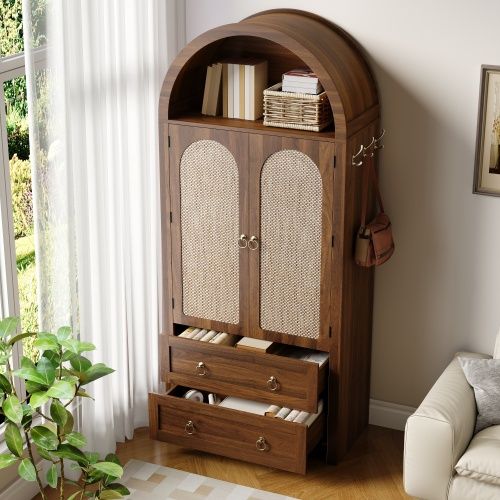 Armoire 180cm-buffet En Osier-à 2 Tiroir-buffet Vintage-meuble De Rangement En Rotin-noyer