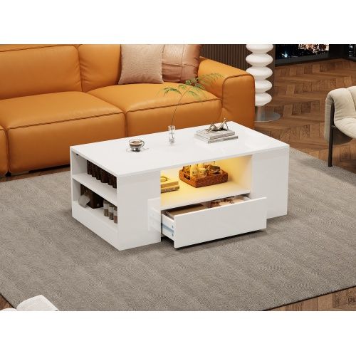 Table Basse Laquée Brillante-meuble De Salon Avec 2 Tiroirs Et 2 Étagères-table D'appoint-blanc