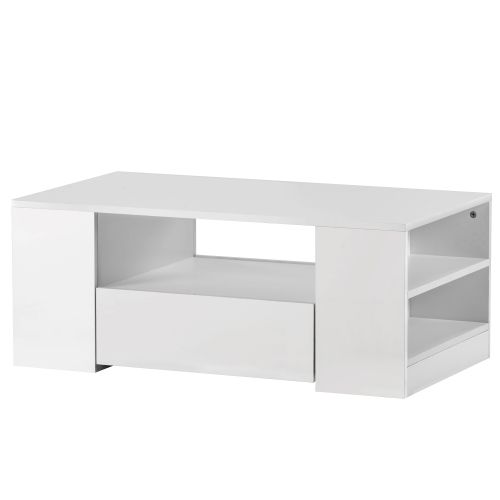 Table Basse Laquée Brillante-meuble De Salon Avec 2 Tiroirs Et 2 Étagères-table D'appoint-blanc