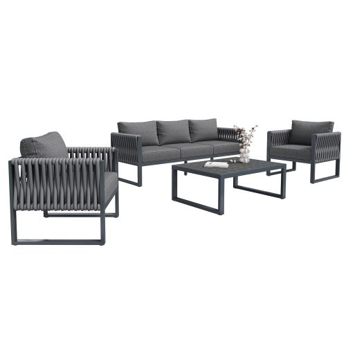 Ensemble De Meubles De Jardin-salon De Jardin 5 Places-structure Métallique Antirouille-gris