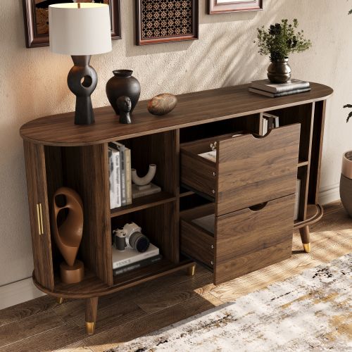 Buffet-deux Portes Coulissantes-deux Tiroirs-pieds En Bois Massif -naturel