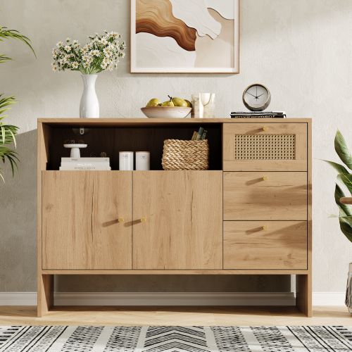 Buffet-meuble De Cuisine-2 Portes Et 3 Tiroirs-en Rotin Doré-bois