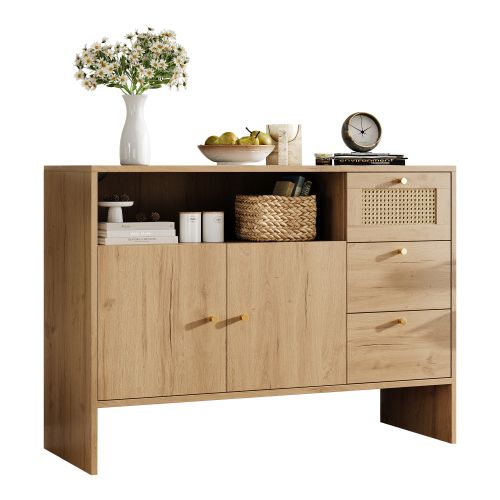 Buffet-meuble De Cuisine-2 Portes Et 3 Tiroirs-en Rotin Doré-bois