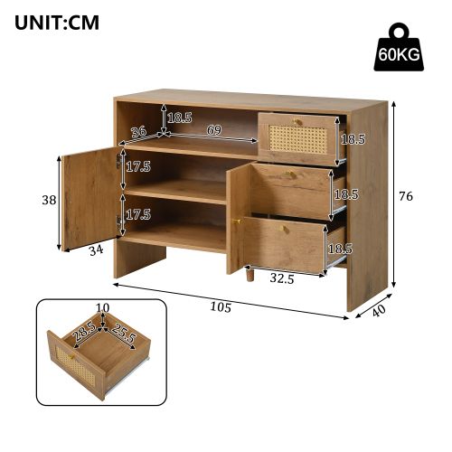 Buffet-meuble De Cuisine-2 Portes Et 3 Tiroirs-en Rotin Doré-bois