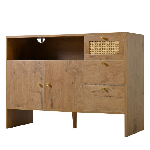 Buffet-meuble De Cuisine-2 Portes Et 3 Tiroirs-en Rotin Doré-bois