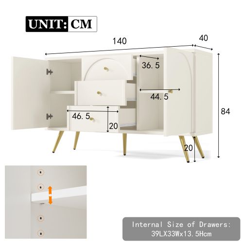 Buffet à 2 Portes Et 3 Tiroirs-étagère Réglable-meuble De Rangement-blanc Crème