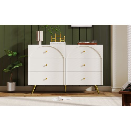 Buffet à 6 Tiroirs-étagère Réglable-meuble De Rangement-blanc Crème