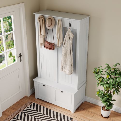 Meuble D'entrée-meuble à Chaussures-système De Rangement Avec Crochets-porte Coulissante-blanc