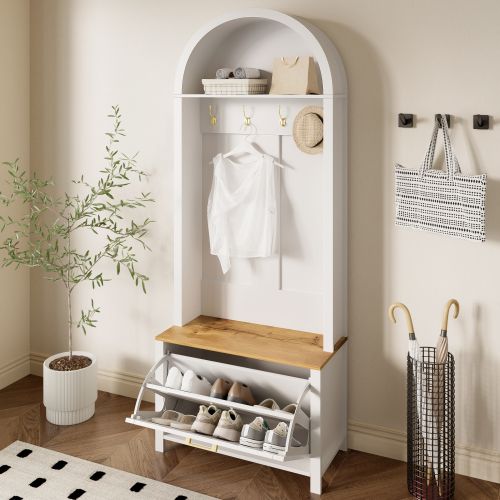 Vestiaire Avec Range-chaussures-étagère Et Patères-meuble D'entrée-structure Robuste En Bois-blanc